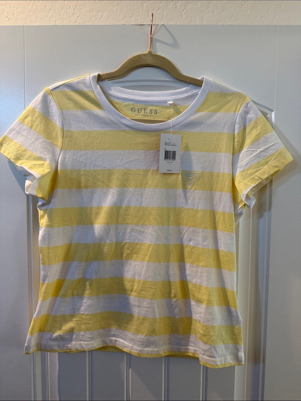 GUESS Yellow & White Striped Crewneck Tee